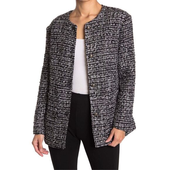 WALTER BAKER Kennedy Metallic Bouclé-Tweed Jacket 4 Buttons Blazer BlackSilver M - Picture 2 of 11